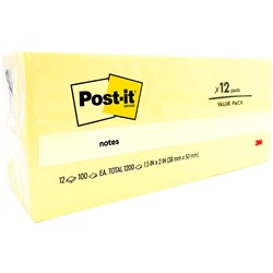 Post-It 653 Notes Original 38 x 50mm Yellow Pad 100 Sheets Pack of 12