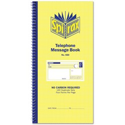 Spirax 550 phone Message Bk Carbonless 4 Per Pg 160 Duplicate Sets Side Opening