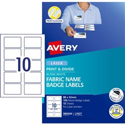 Avery Fabric Name Badge Laser Labels White L7427 88x52mm 10UP 150 Labels 15 Sheets